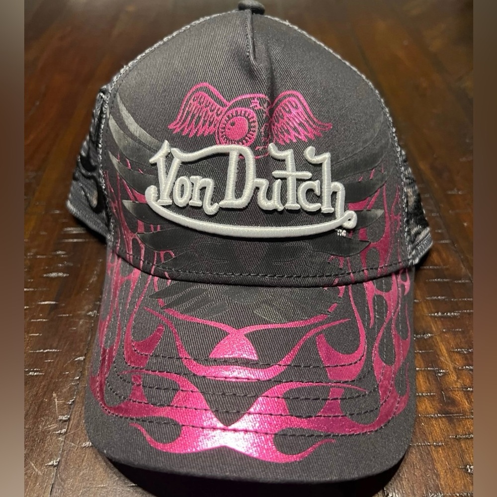 Von Dutch Trucker Snap Back Grey & Pink Flames Logo Hat